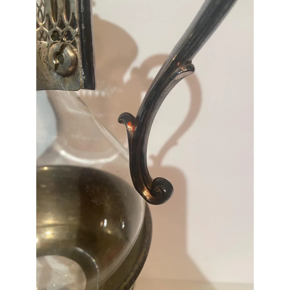 Vintage Silver Plate and Glass Coffee Tea Carafe Warming Stand